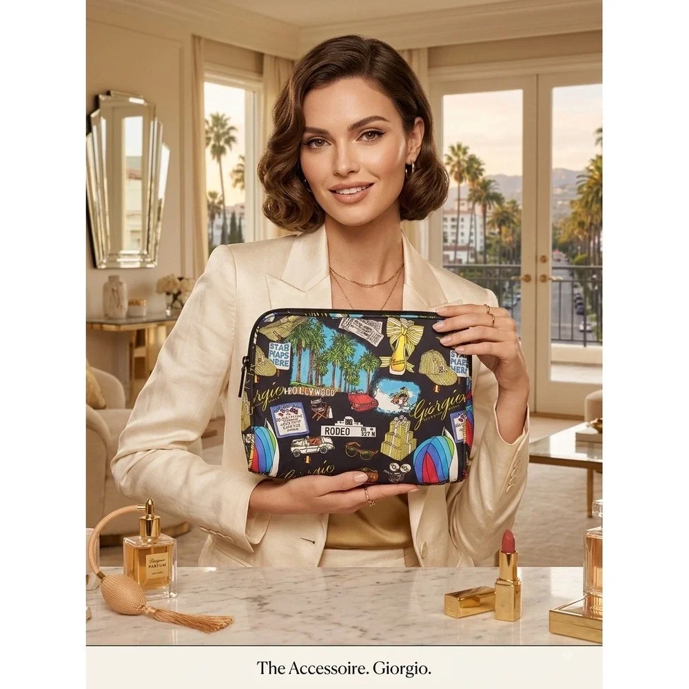 Nicole Miller Giorgio Beverly Hills Hollywood Novelty Print Cosmetic Bag Pouch